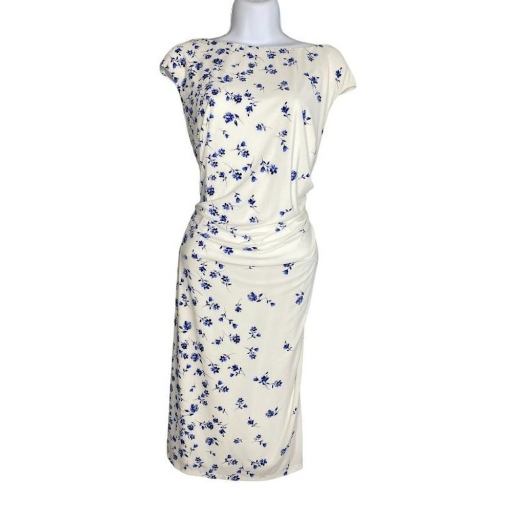 CHAPS White Blue Floral Boat Neck Stretch Knit Sheath Dress sz XL